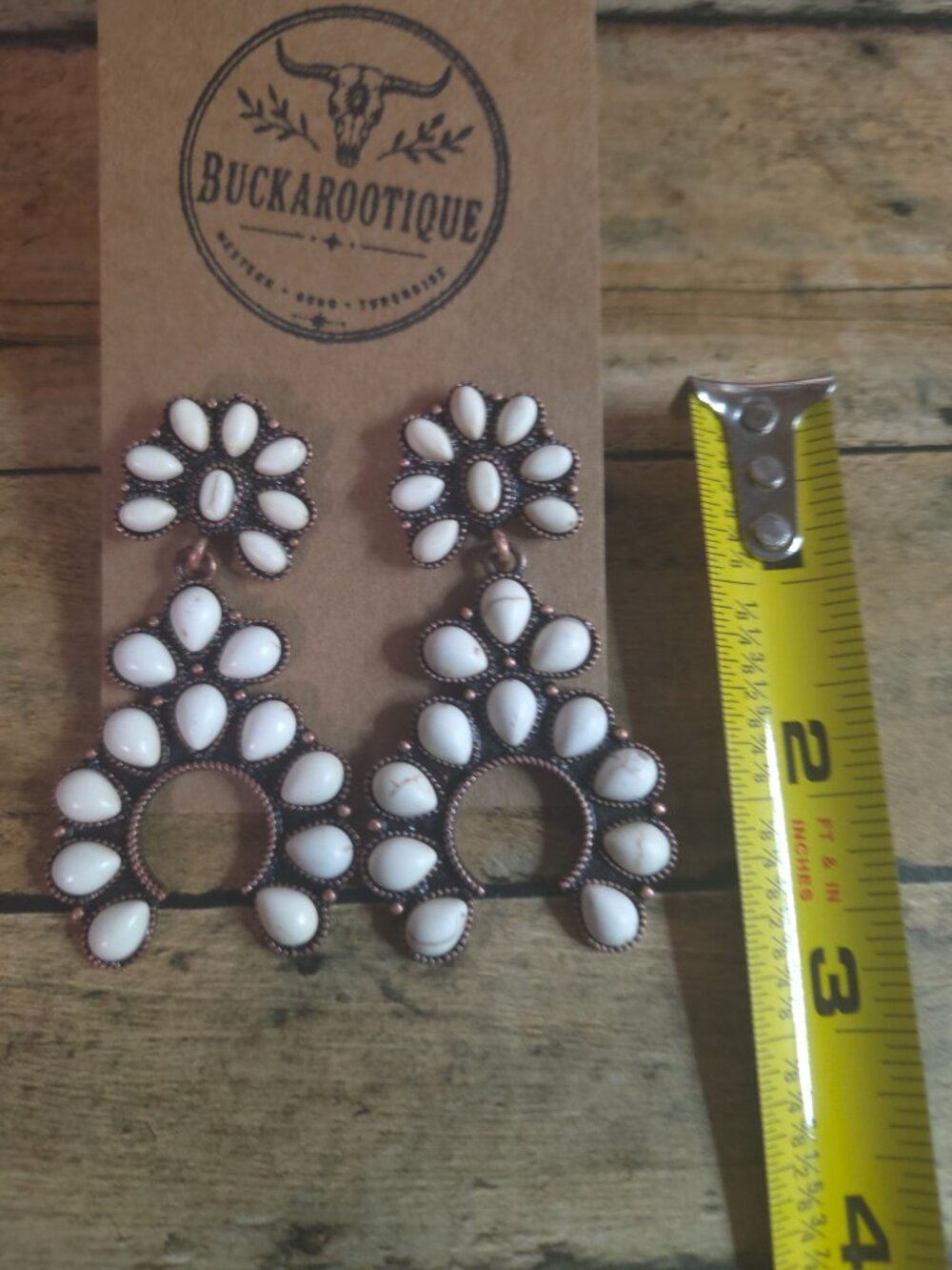 White Turquoise Squash Blossom Earrings Western Boho Rodeo Statement Jewelry - Picture 2 of 3